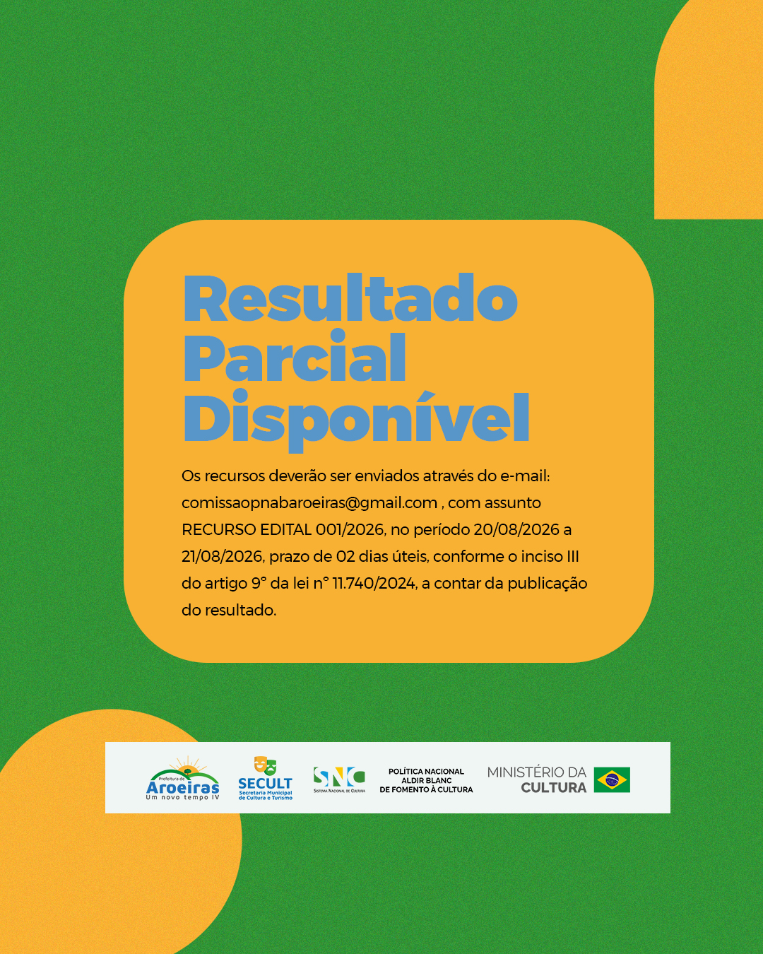 Resultado Parcial do Edital nº 001/2026 – Lei Aldir Blanc é divulgado em Aroeiras-PB